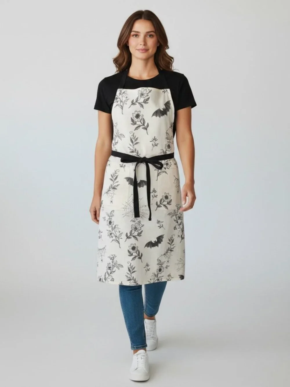 Halloween Spooky Botanical & Bat Apron Cream Black Goth Fall Cooking